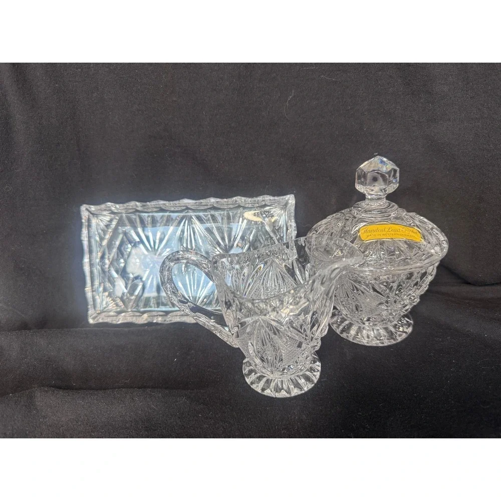 Vintage Handcut Lead Crystal Cream Sugar Set with Tray Western Germany Clear